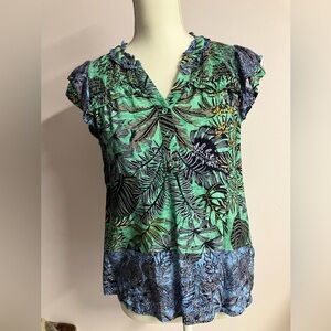 Democracy Women’s Flutter Sleeve Top, XL, Blues/Greens, Tropical Print